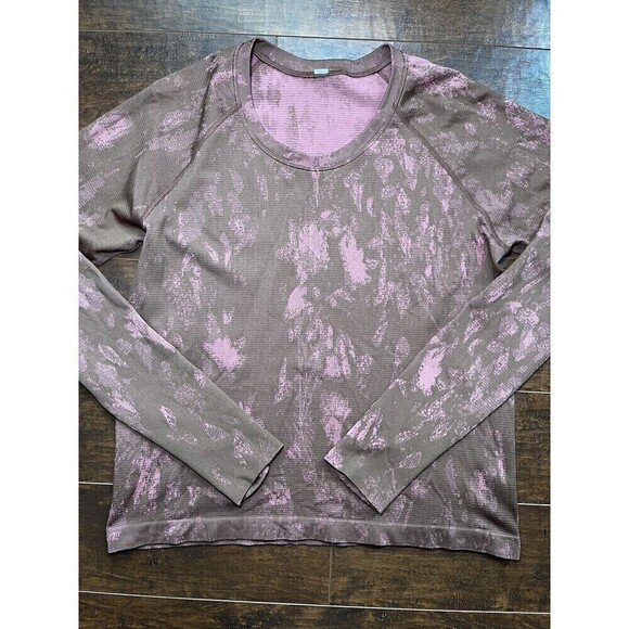 Lululemon Womens Long Sleeve Swiftly Tech Pink/Brown Pattern Thumb Hole Sz 12 - Picture 1 of 7